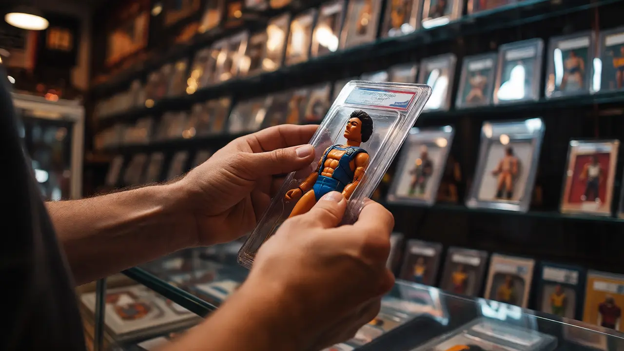 Collector examining a vintage action figure in a specialized Chicago shop.