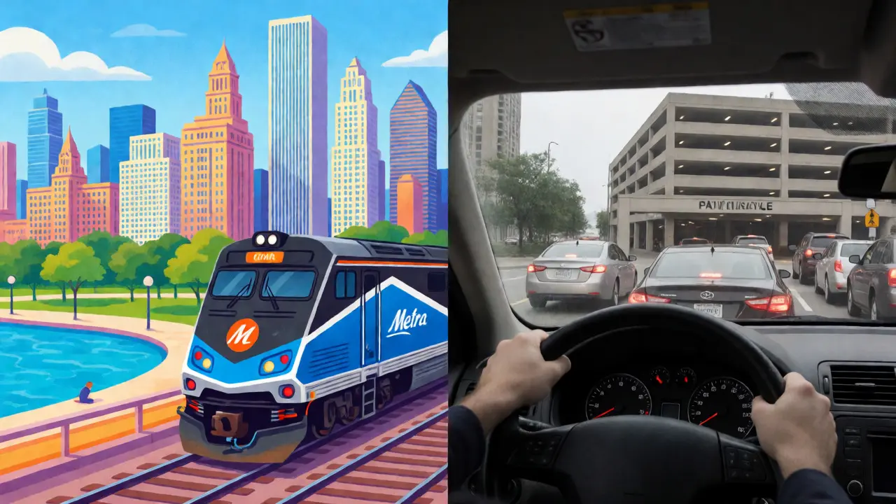 Comparison of smooth Metra travel versus stressful city traffic congestion