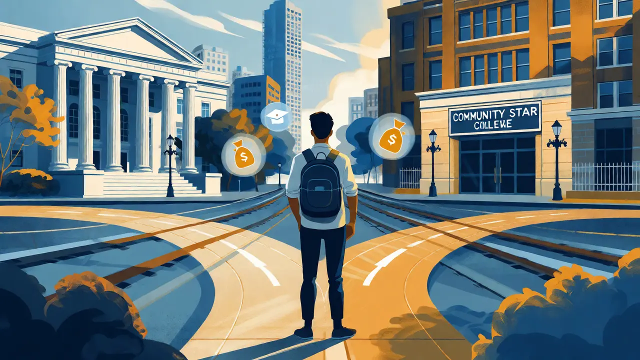 Conceptual illustration of a student choosing between university and community college paths in Chicago.
