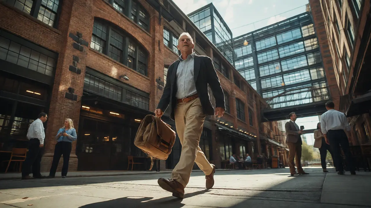 Confident veteran walking through Chicago's Fulton Market district