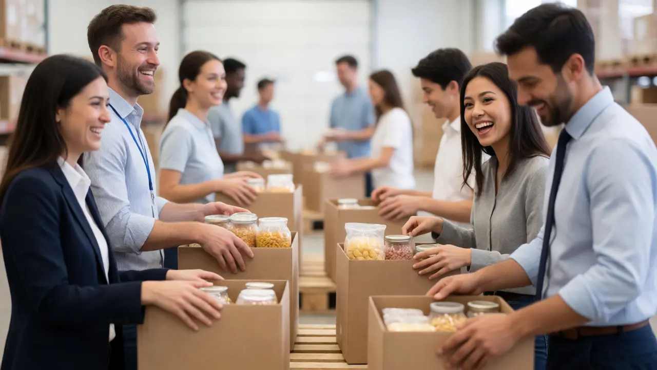 Corporate team packing food boxes in a warehouse