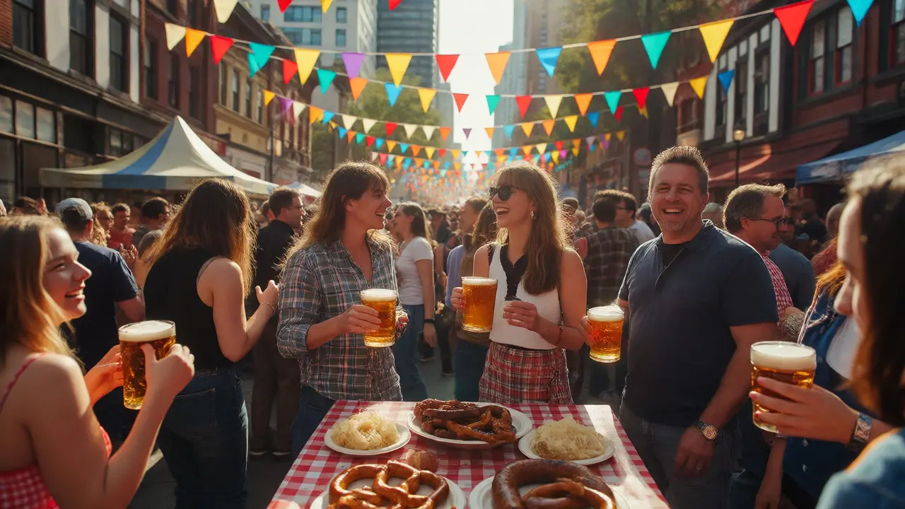 Crowds celebrating Oktoberfest in Lincoln Square with food, drinks, and festive decorations.