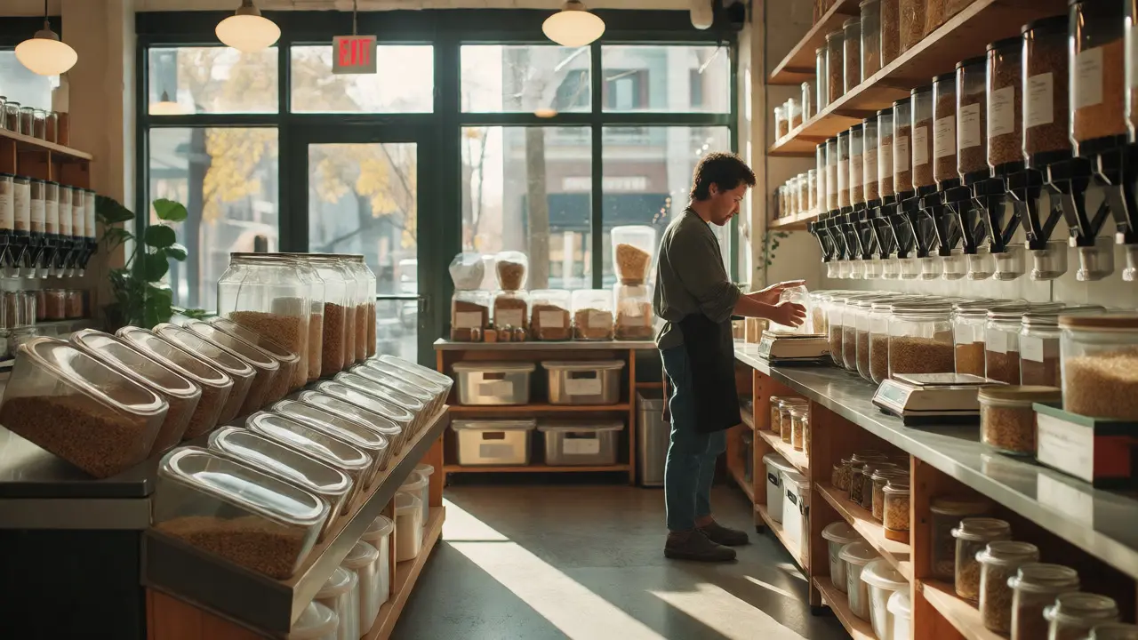 Customer filling a jar at a sunlit bulk food refill station
