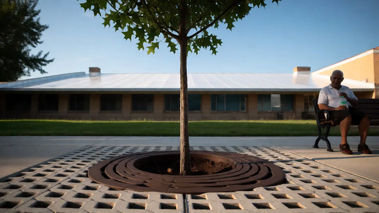 Elderly person resting in shade of new tree near cool roof building