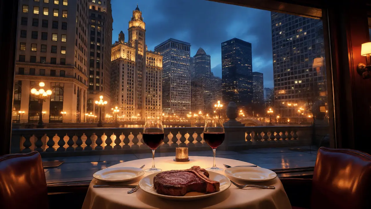 Elegant steak dinner by a window overlooking the Chicago skyline at night