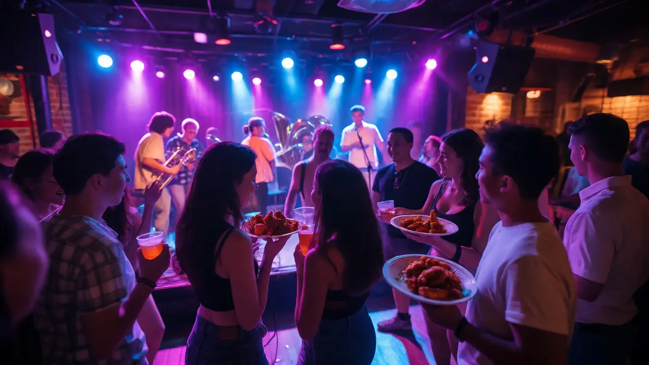 Energetic crowd dancing and eating at Andy's Jazz Club during a live blues and jazz performance.