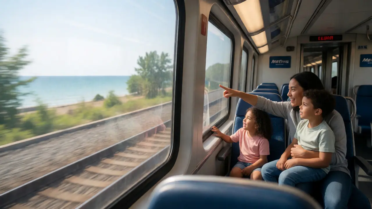 Family enjoying a scenic view of Lake Michigan from inside a Metra train