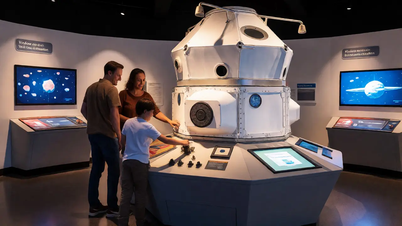 Family interacting with hands-on space mission exhibits