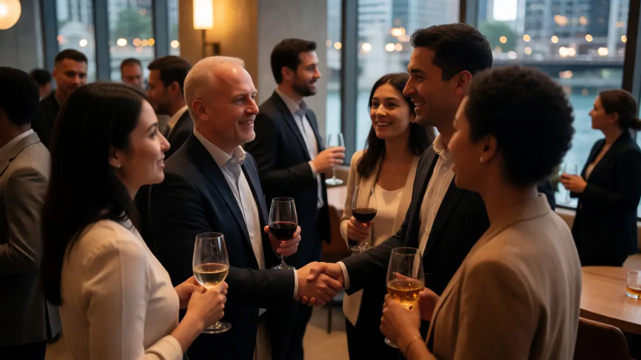 Finance professionals networking at an evening event in Chicago