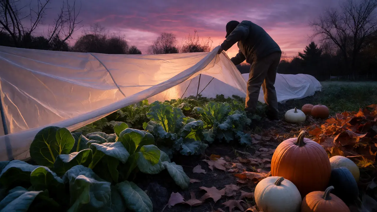 Gardener covering fall crops with row covers at dusk as frost approaches on pumpkins and greens.