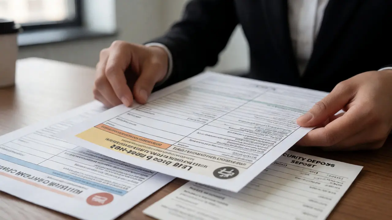 Hands organizing mandatory rental disclosure forms and receipts