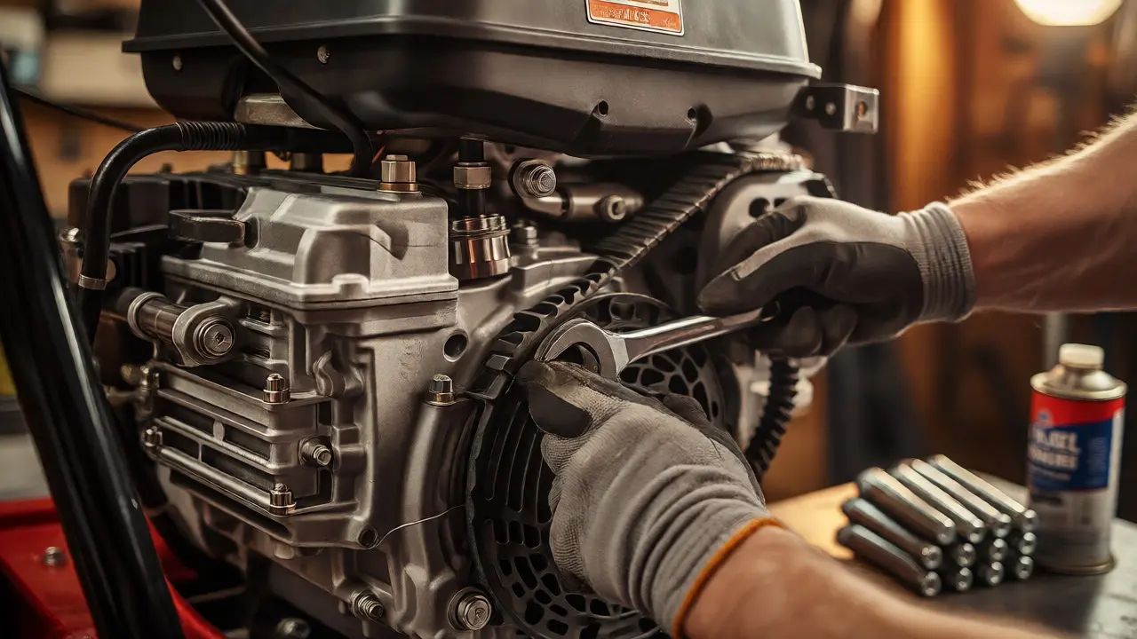 Hands performing maintenance on a snowblower engine, checking belts and shear pins in a garage.