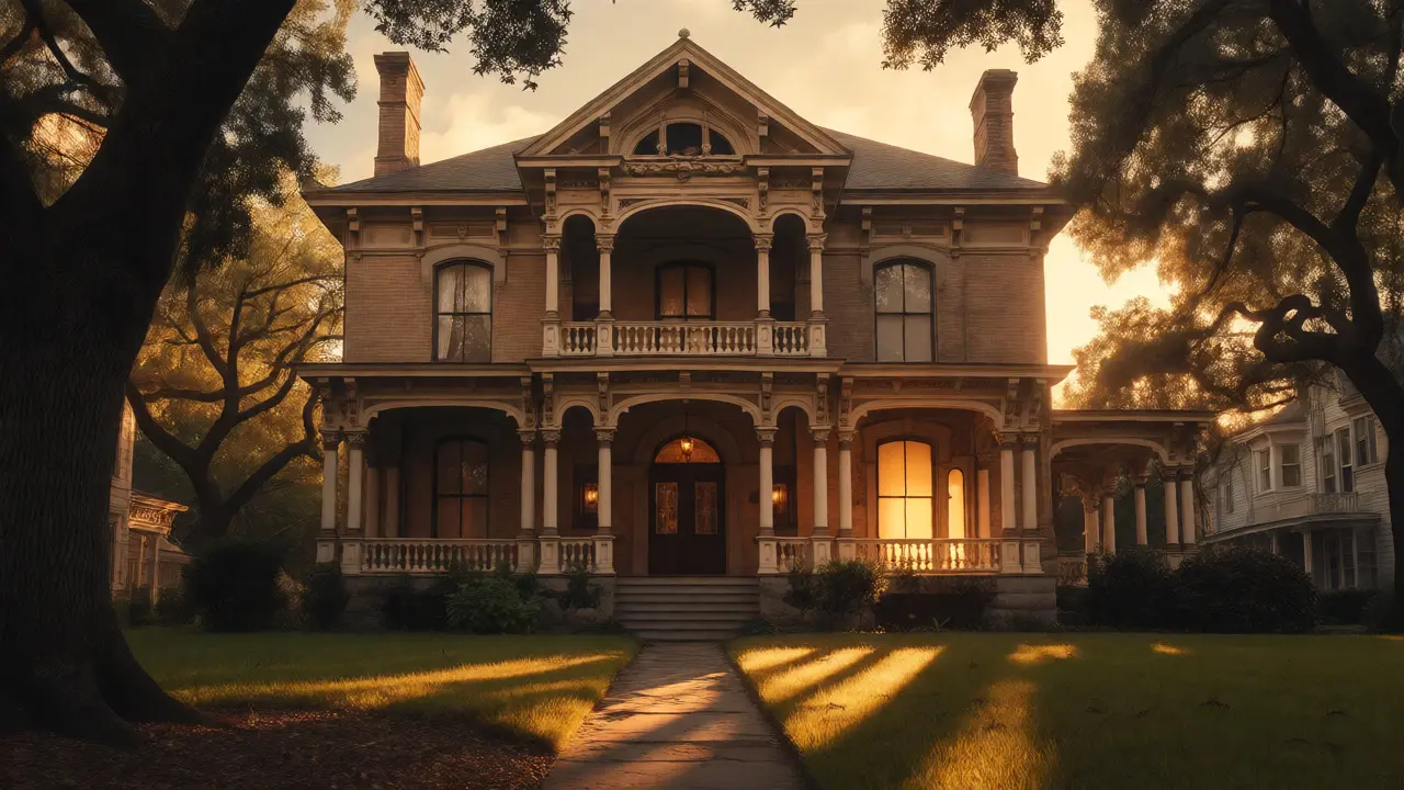 Historic Victorian mansion with detailed woodwork bathed in golden hour light