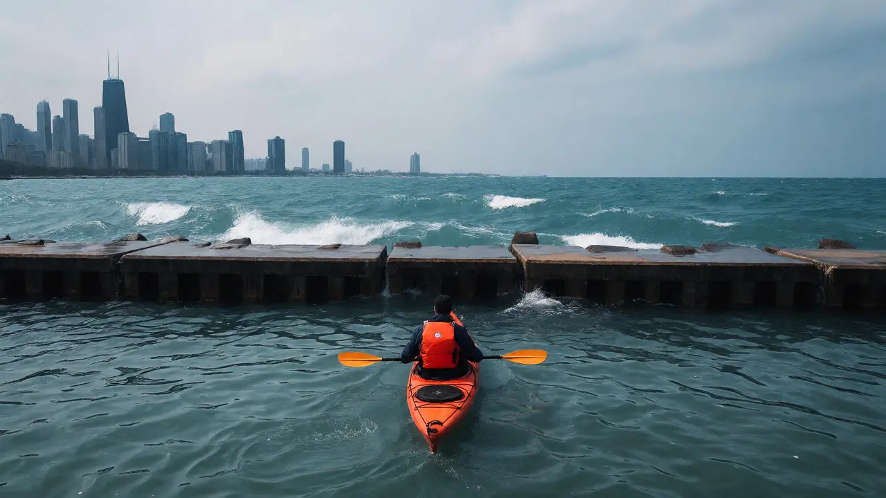 Kayaker preparing to enter Lake Michigan from Montrose Harbor