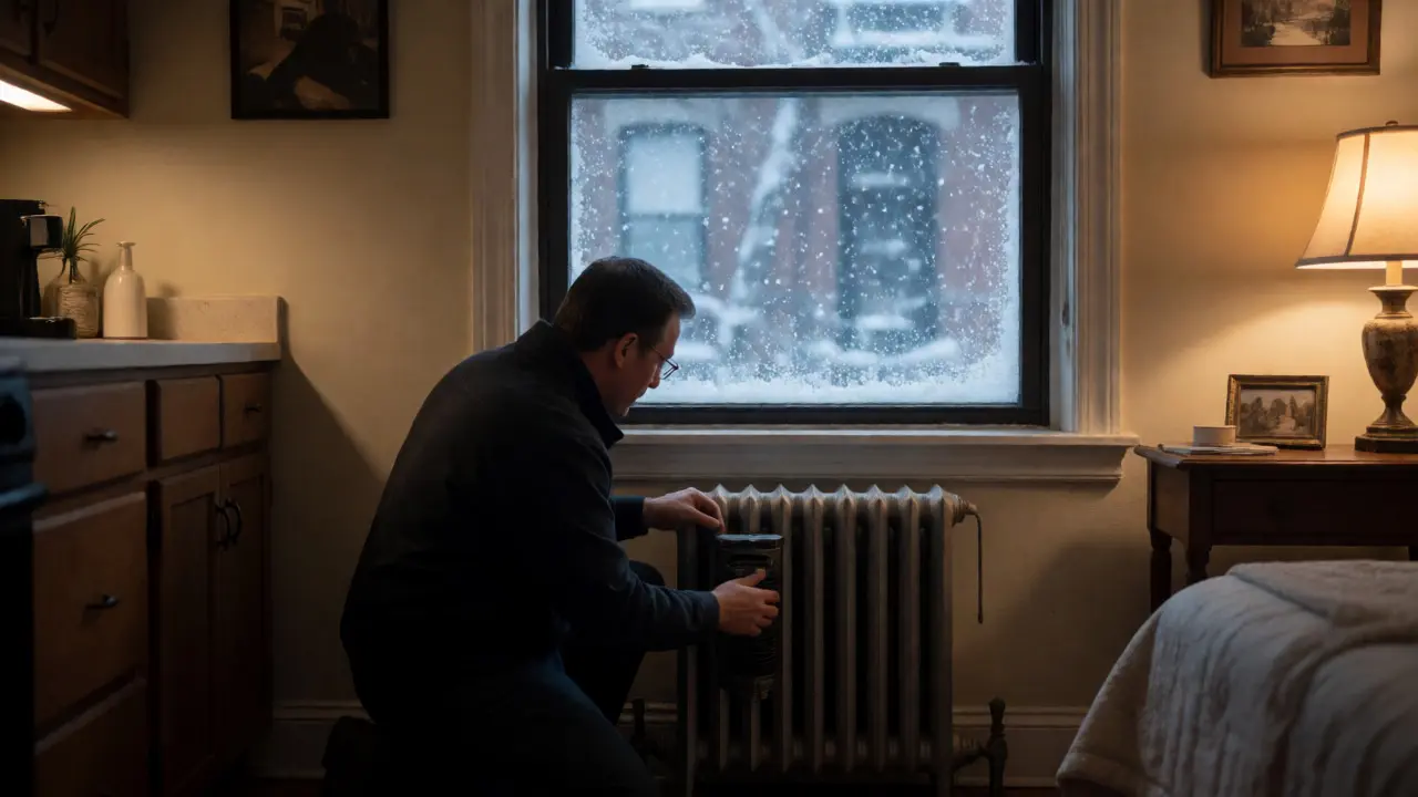 Landlord inspecting heating system in a Chicago apartment during winter