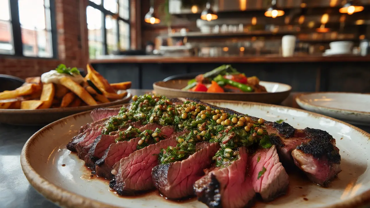 Modern hanger steak with chimichurri and sides in an industrial-chic setting