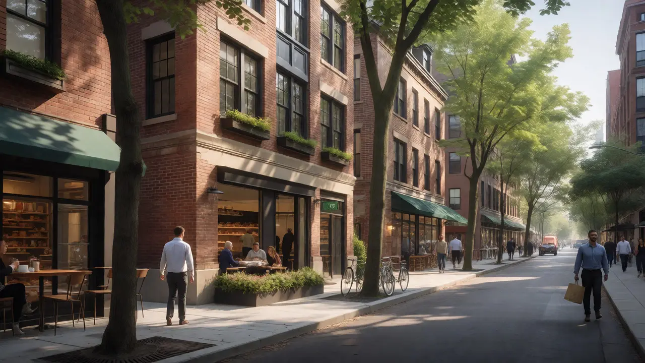 Modern Lincoln Square street scene featuring renovated condos, cafes, and the Brown Line transit.