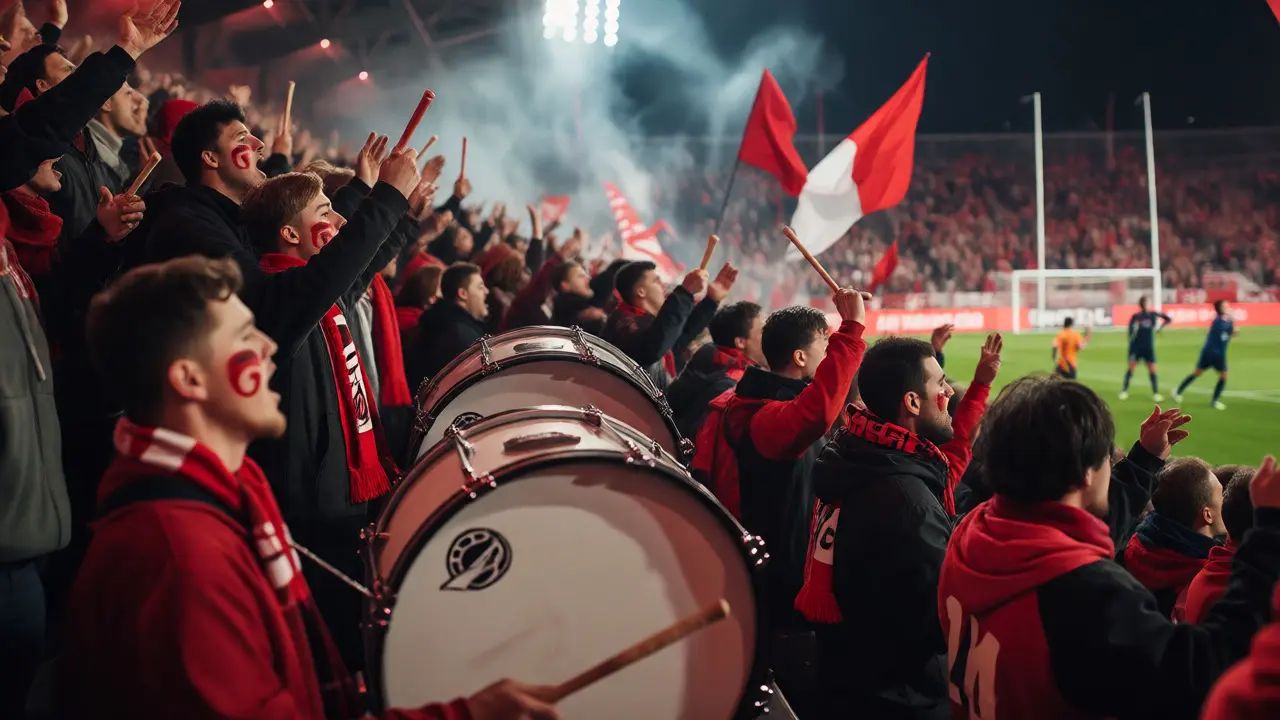 North End Crew fans chanting and beating drums behind the goal at a Red Stars game.