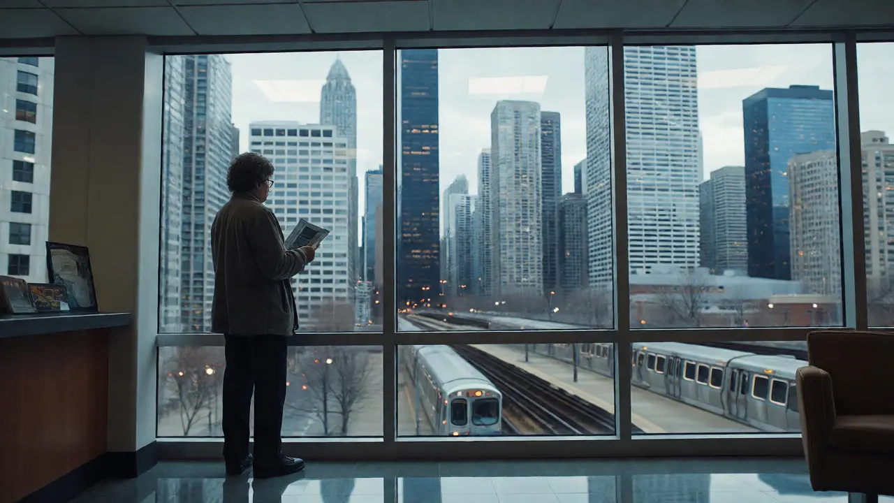 Parent contemplating school choices while looking out at the Chicago skyline.