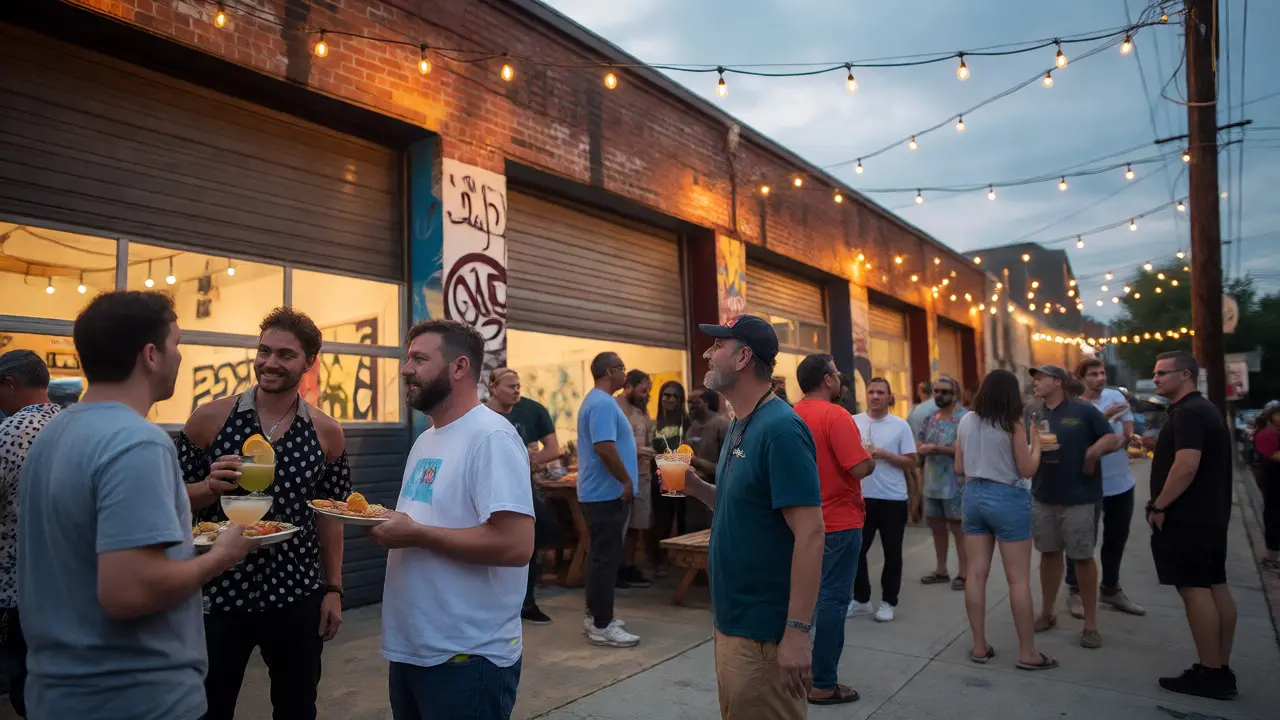People socializing at an outdoor event near a converted warehouse