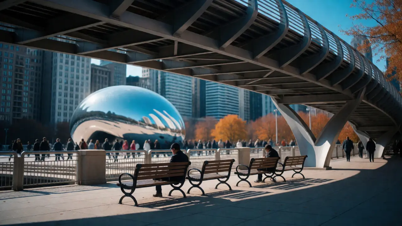 Person studying on a bench near the BP Pedestrian Bridge in Millennium Park