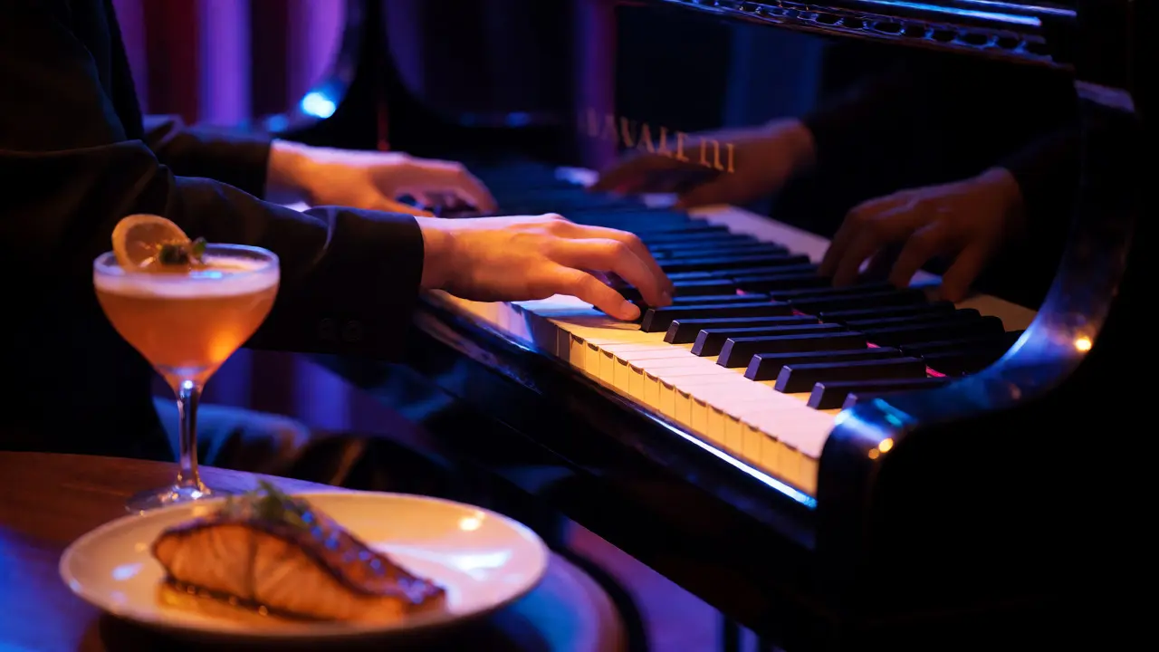 Pianist performing at Jazz Showcase with a cocktail and salmon dish in the foreground, intimate lighting.