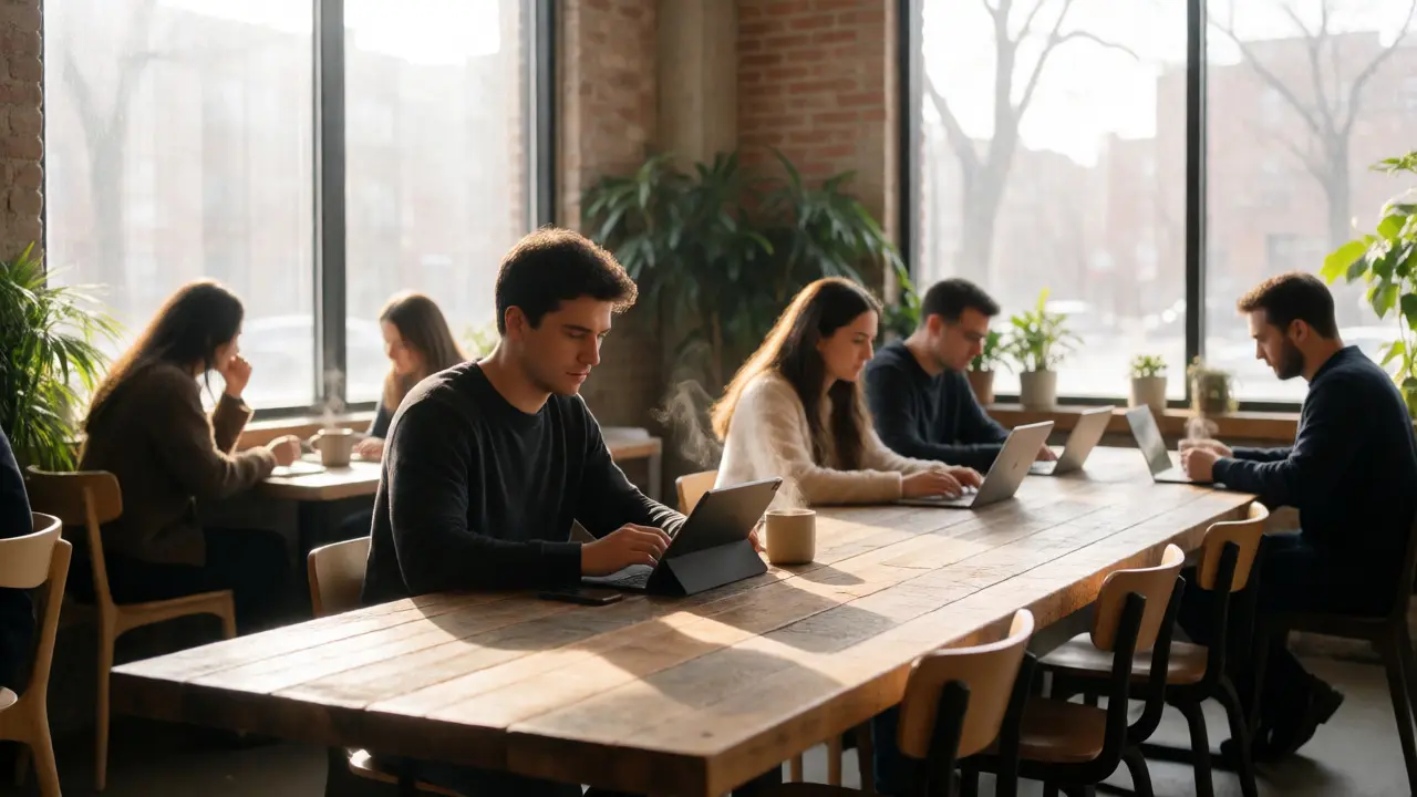 Remote worker using a tablet at a sunny communal table in a Chicago cafe