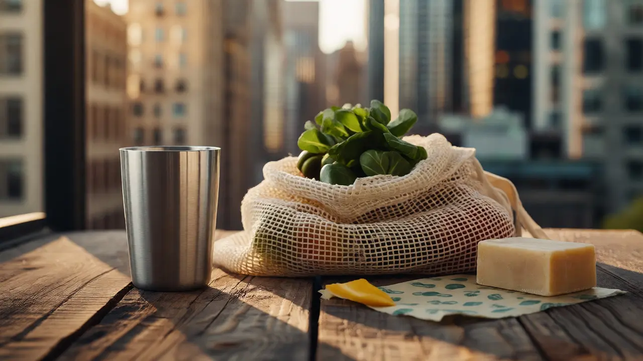 Reusable containers and eco-friendly products on a wooden table