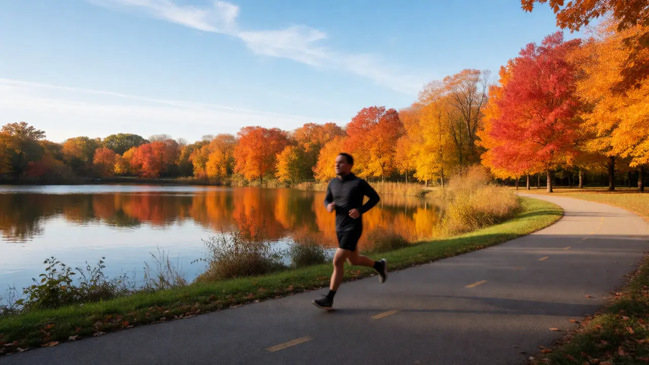 Runner jogging past vibrant autumn foliage reflected in Jackson Park lagoon