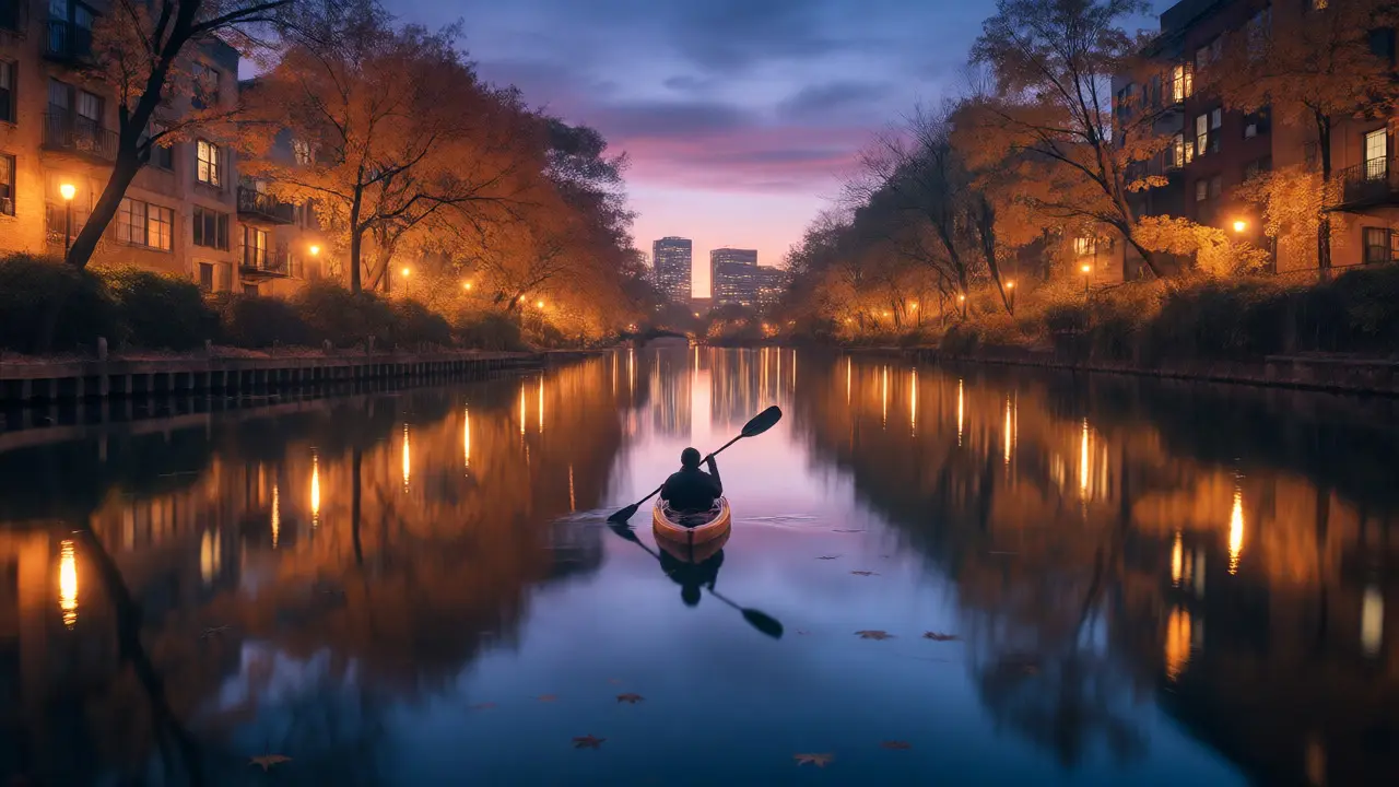 Serene autumn evening kayak ride on the calm North Branch