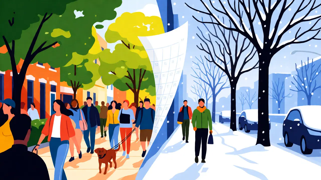 Split illustration contrasting busy summer streets with quiet snowy winter neighborhoods in Chicago.