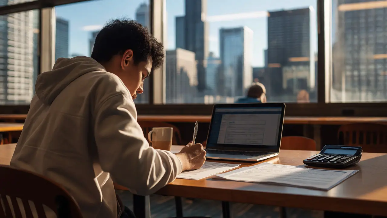 Student filling out financial aid paperwork at a desk with a view of the Chicago skyline through the window.