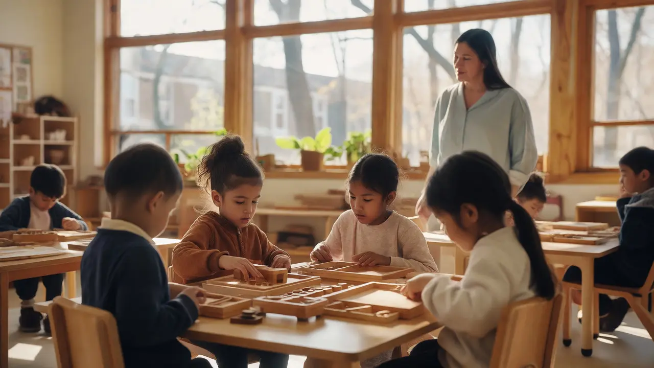 Students engaging in hands-on learning in a bright, modern Montessori classroom.