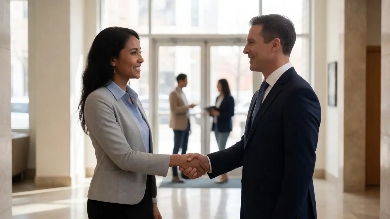 Tenant and landlord shaking hands in a modern Chicago apartment lobby after signing a lease.