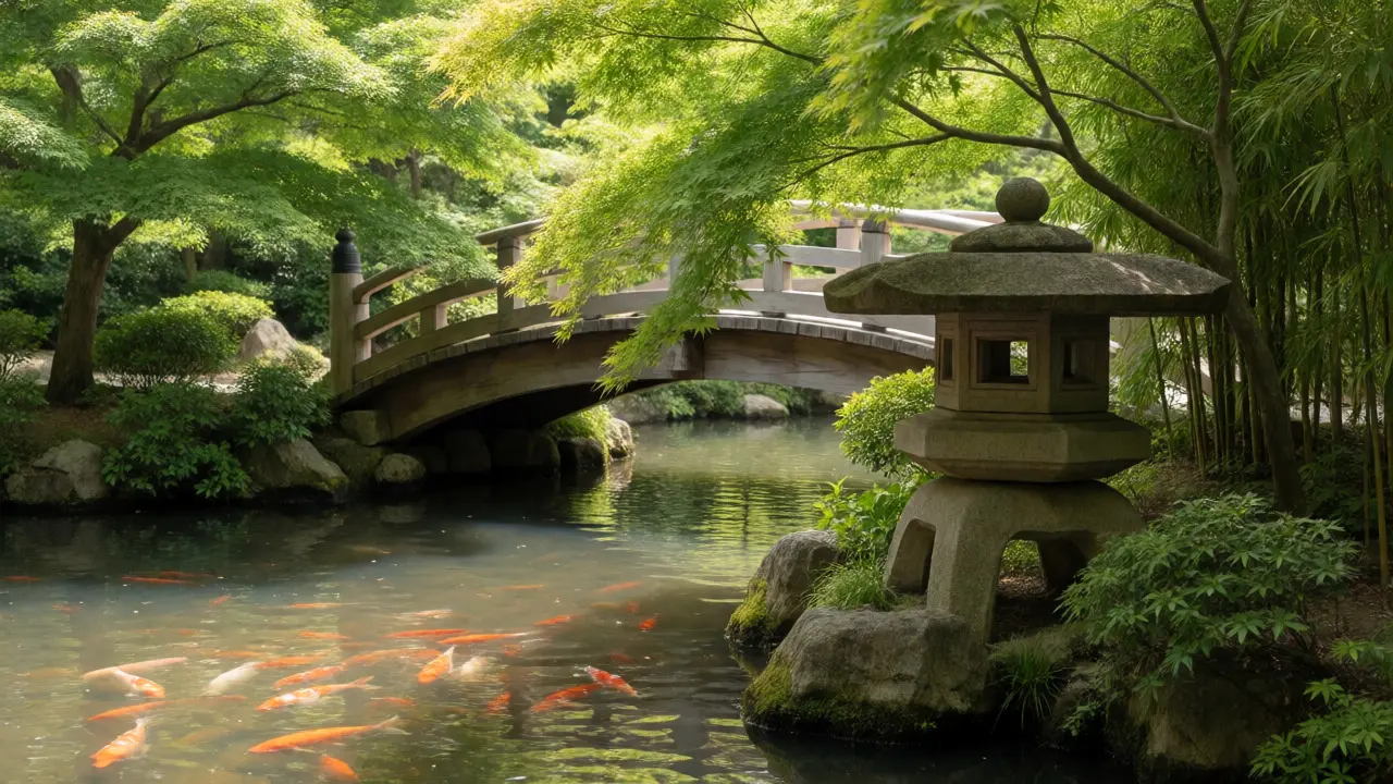 Traditional stone lantern and koi pond in the Osaka Garden on Wooded Island