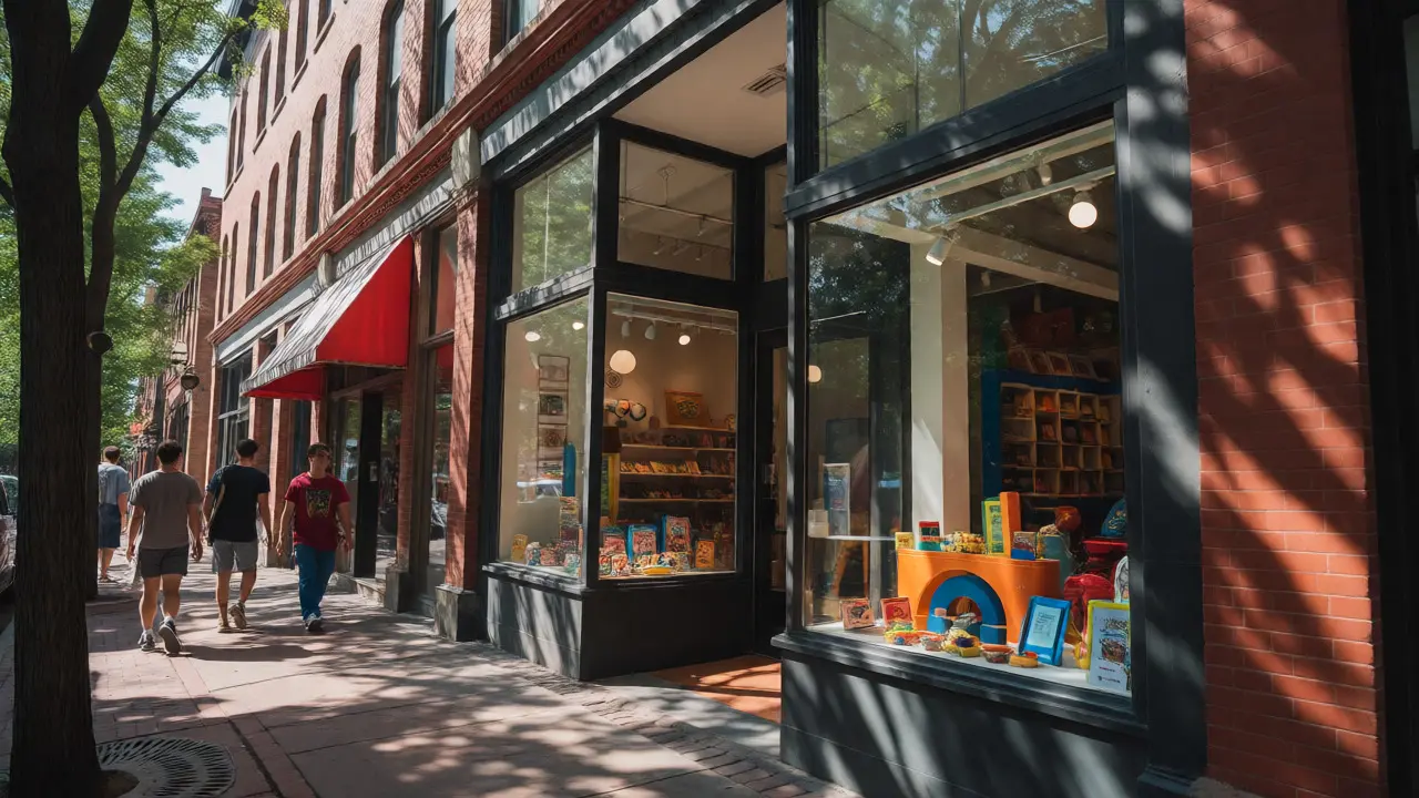 Trendy toy boutique storefront in Wicker Park with unique window displays.