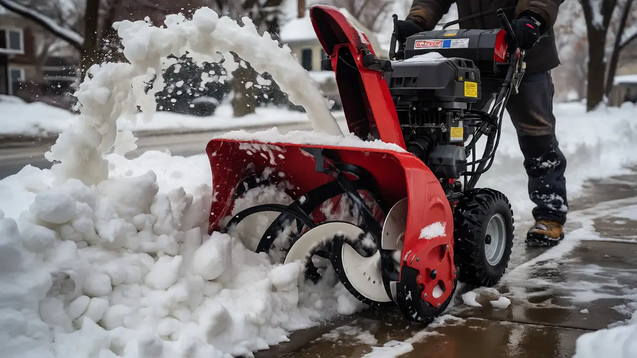 Two-stage snowblower ejecting wet snow onto a lawn while clearing a Chicago sidewalk.
