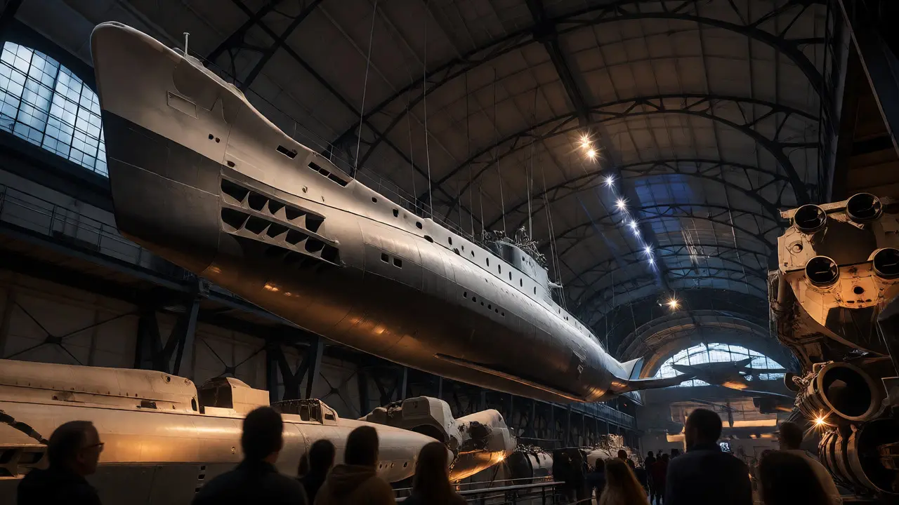 Visitors viewing a suspended U-boat exhibit inside the Museum of Science and Industry
