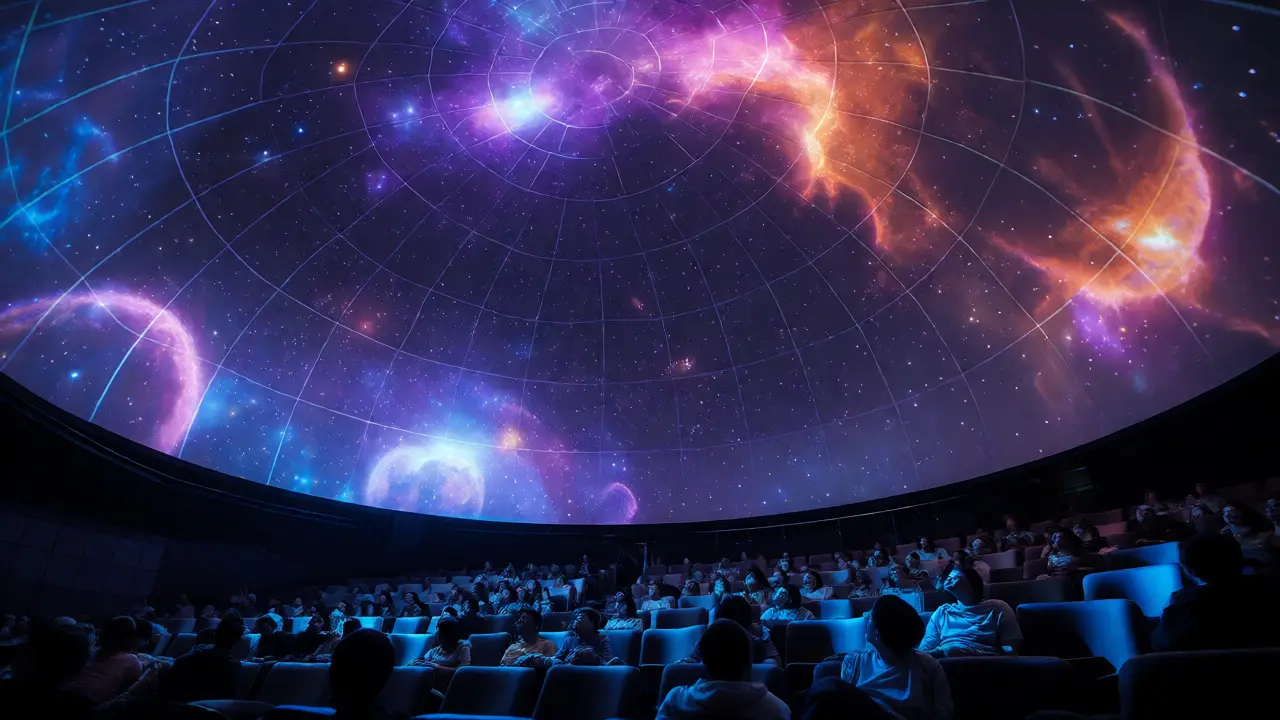 Visitors watching a space show under the giant dome screen