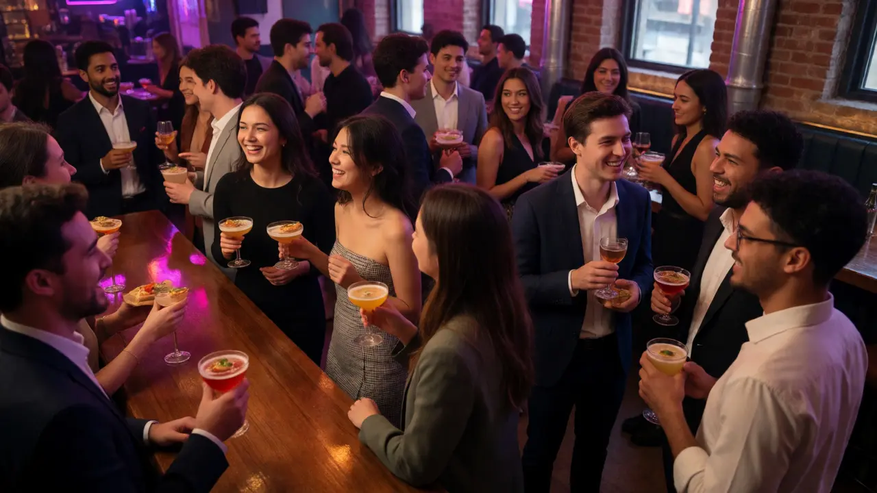 Young professionals mingling and laughing at a lively social mixer in a trendy Lincoln Park bar.