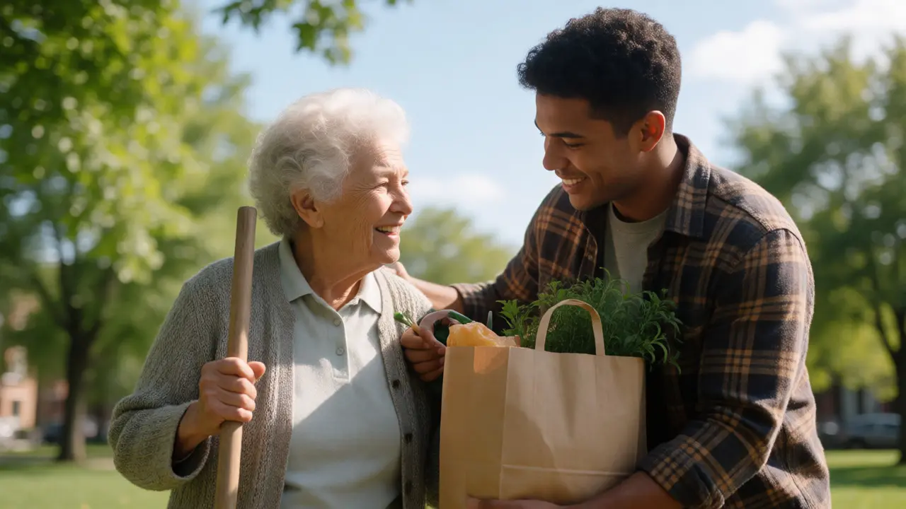 Young volunteer assisting an elderly person in a park