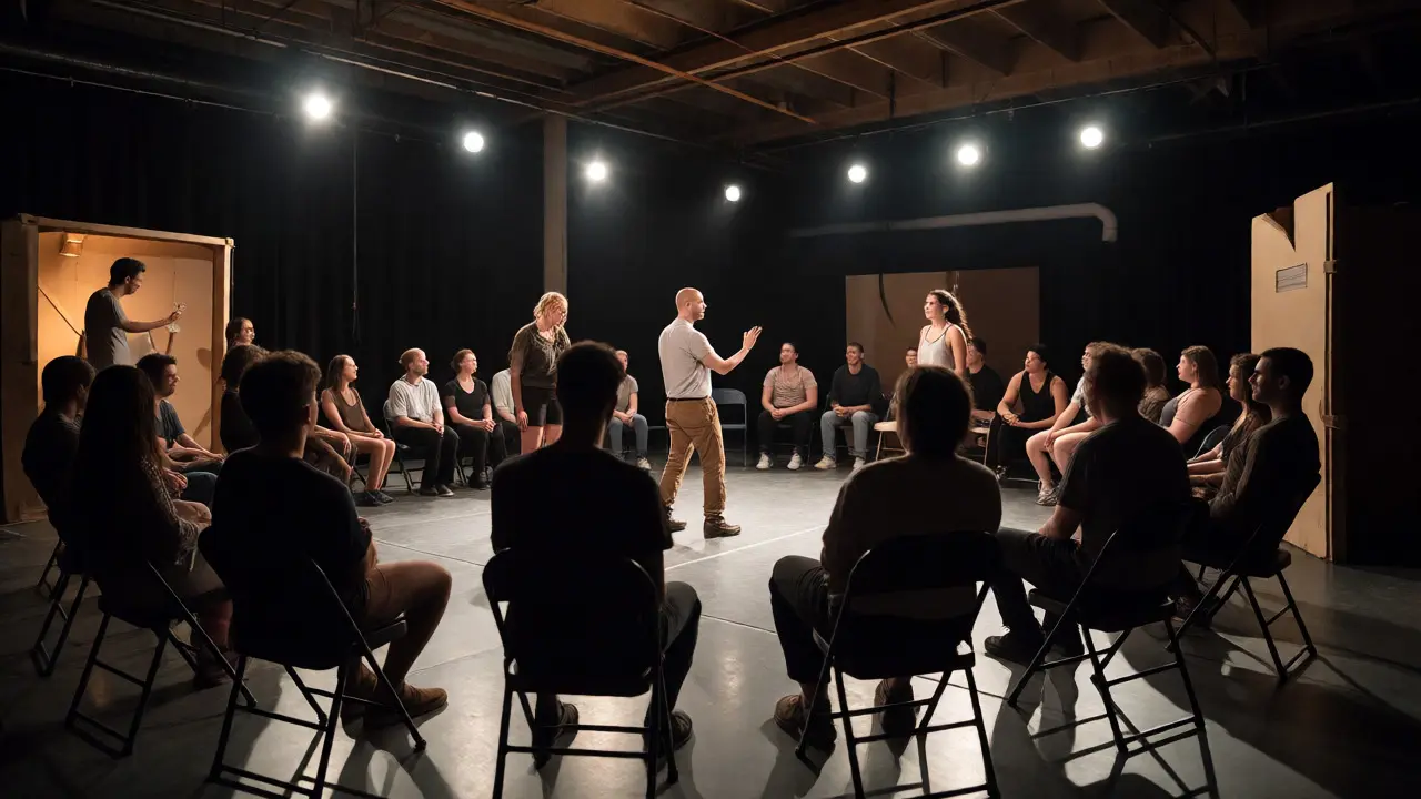 Actors performing an immersive play among a close-knit audience in a black-box venue