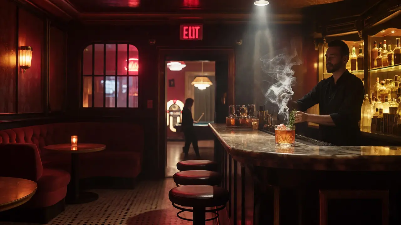 Bartender making a smoky cocktail in a moody West Loop speakeasy