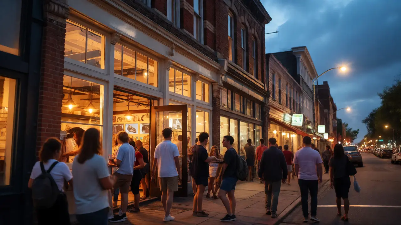 Bustling Broadway Street dining scene in Edgewater at dusk