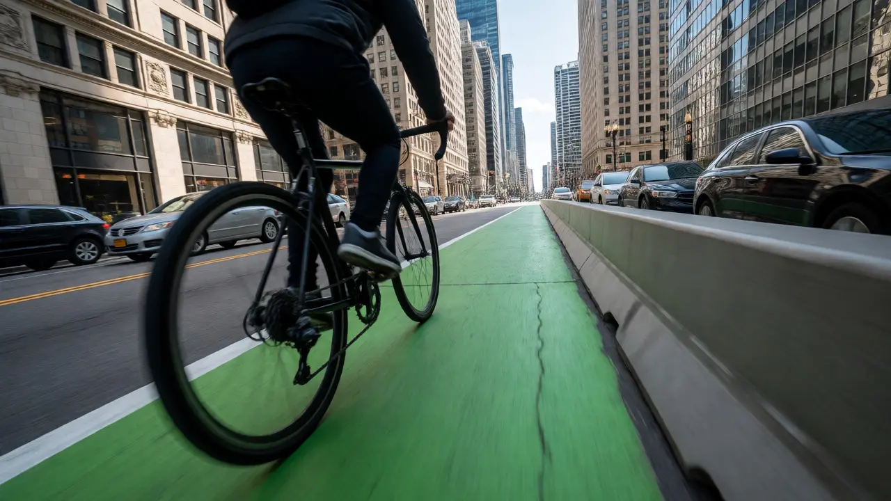 Commuter riding in a protected green bike lane on Dearborn Street