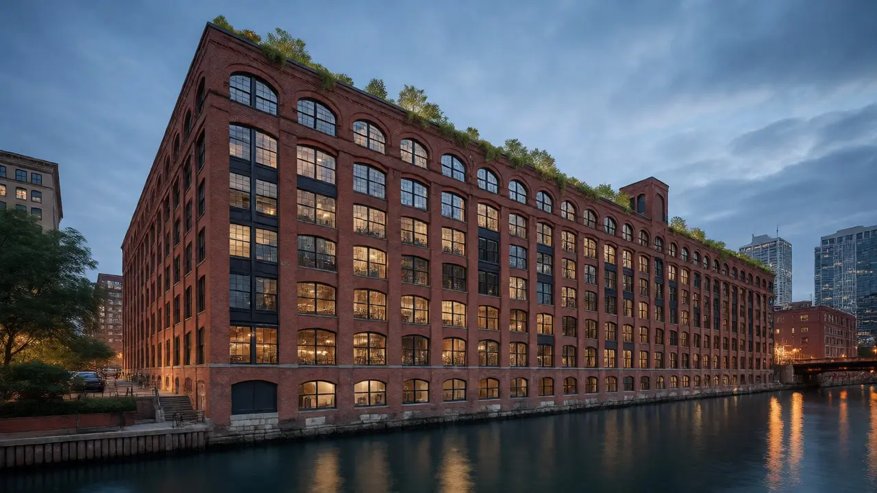 Converted Chicago brick warehouse lofts along the river at twilight with modern windows.