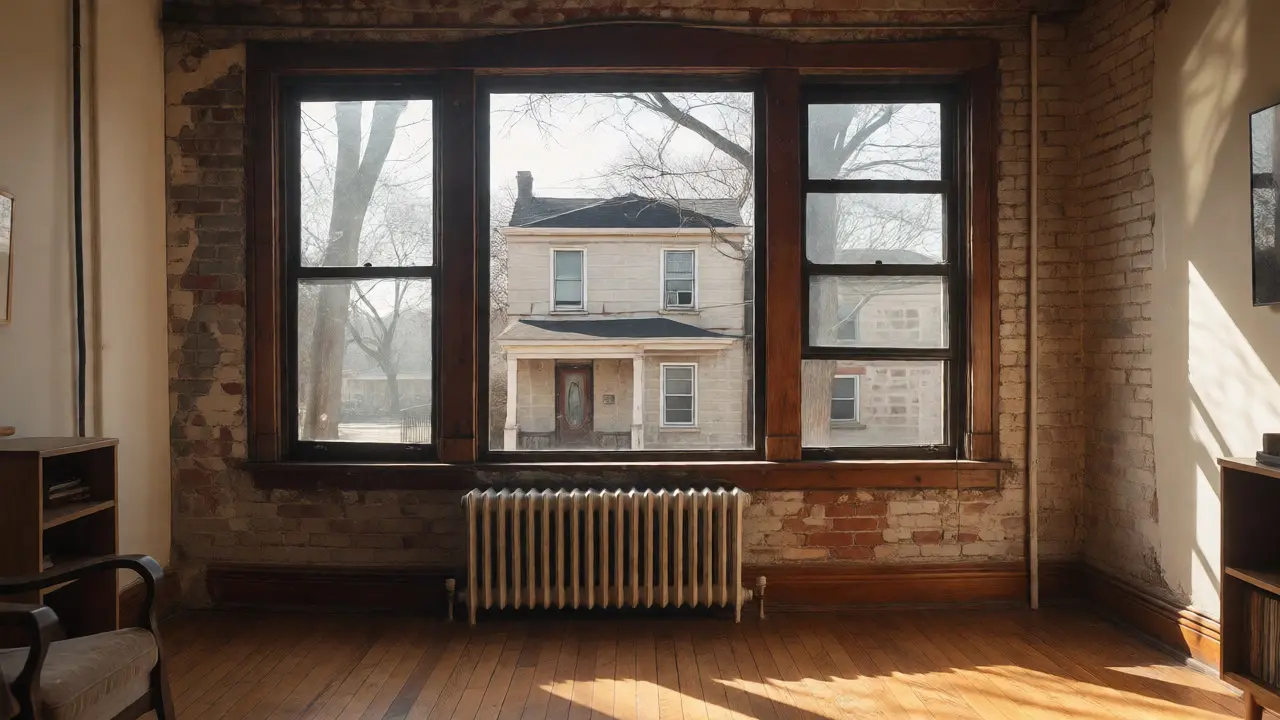 Cozy interior of an older Edgewater apartment with radiator and city view