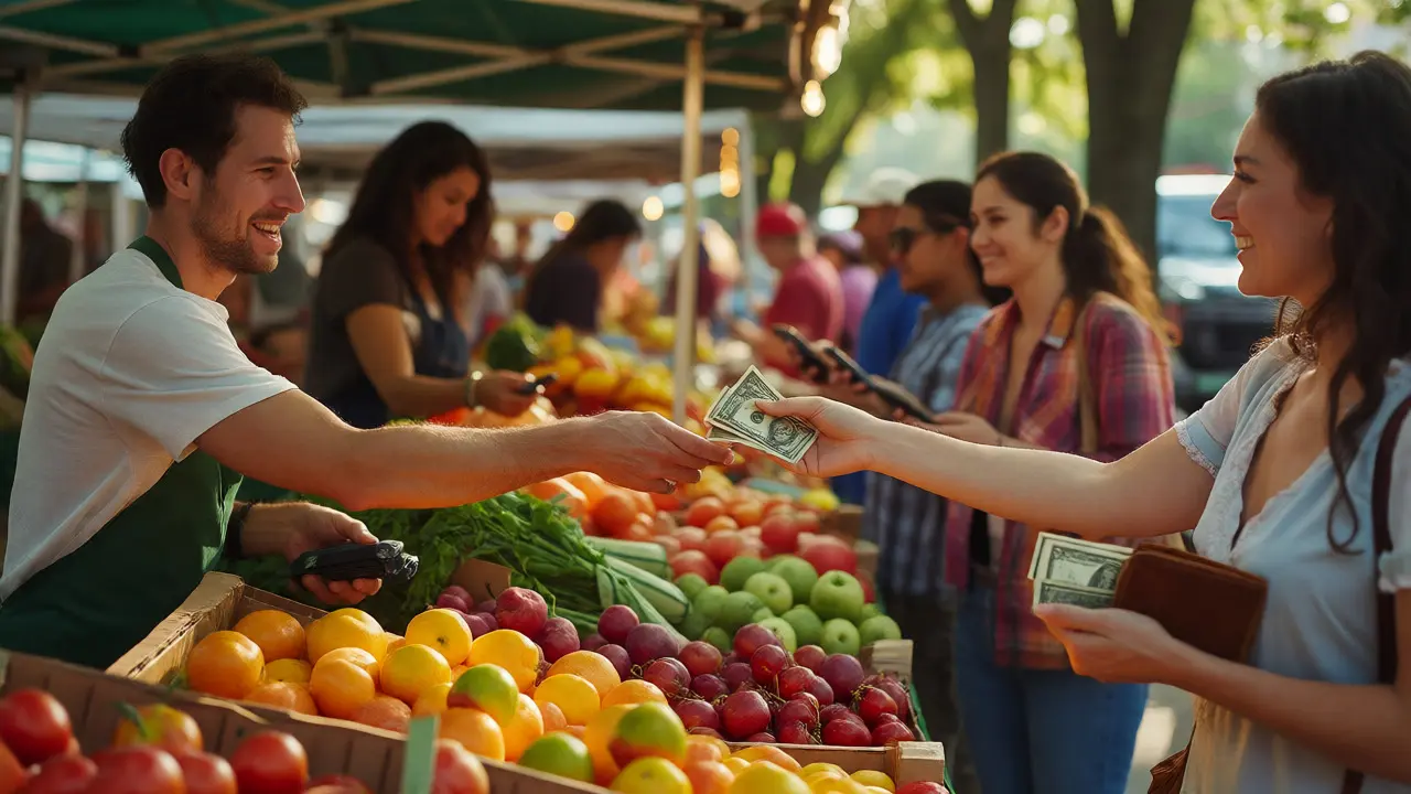 Customer paying cash at a Chicago farmers market