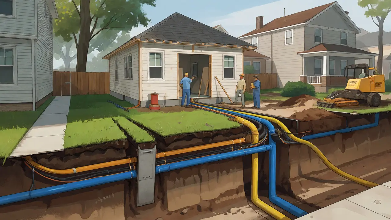 Cutaway view showing underground utility trenches connecting a main house to a new accessory dwelling unit.