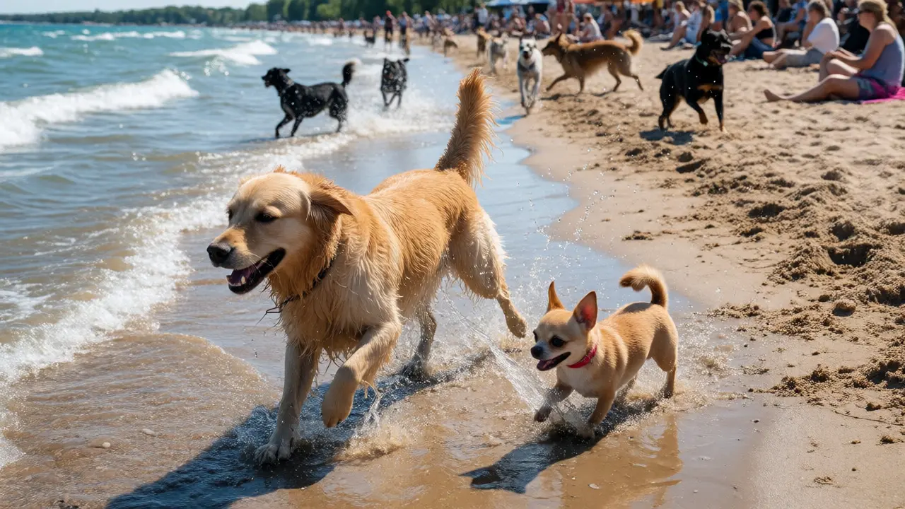 Dogs playing happily on the sand at Montrose Dog Beach